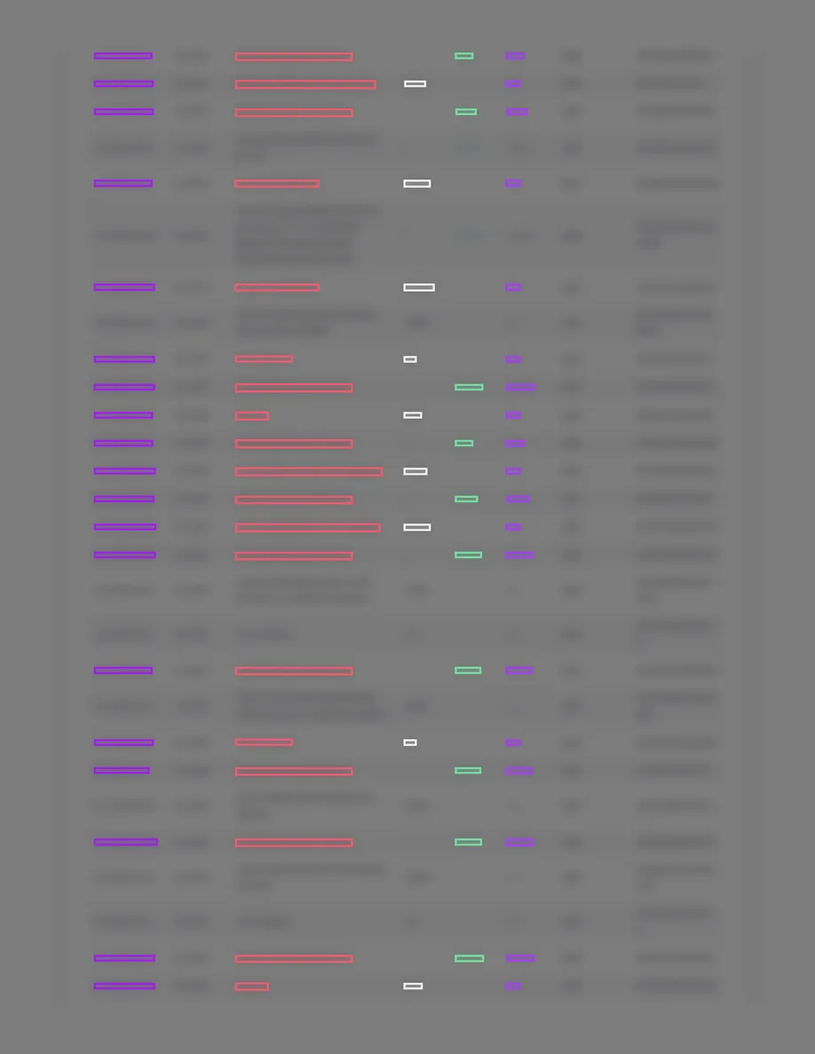 Page 22 of a statement, every character blurred, with rows of coloured boxes where Takarda found each value