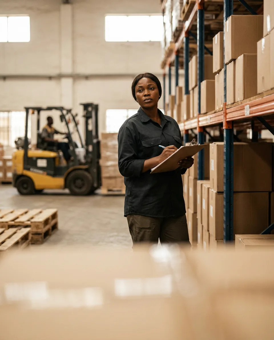 A woman with a clipboard of purchase orders in a warehouse of stacked cartons