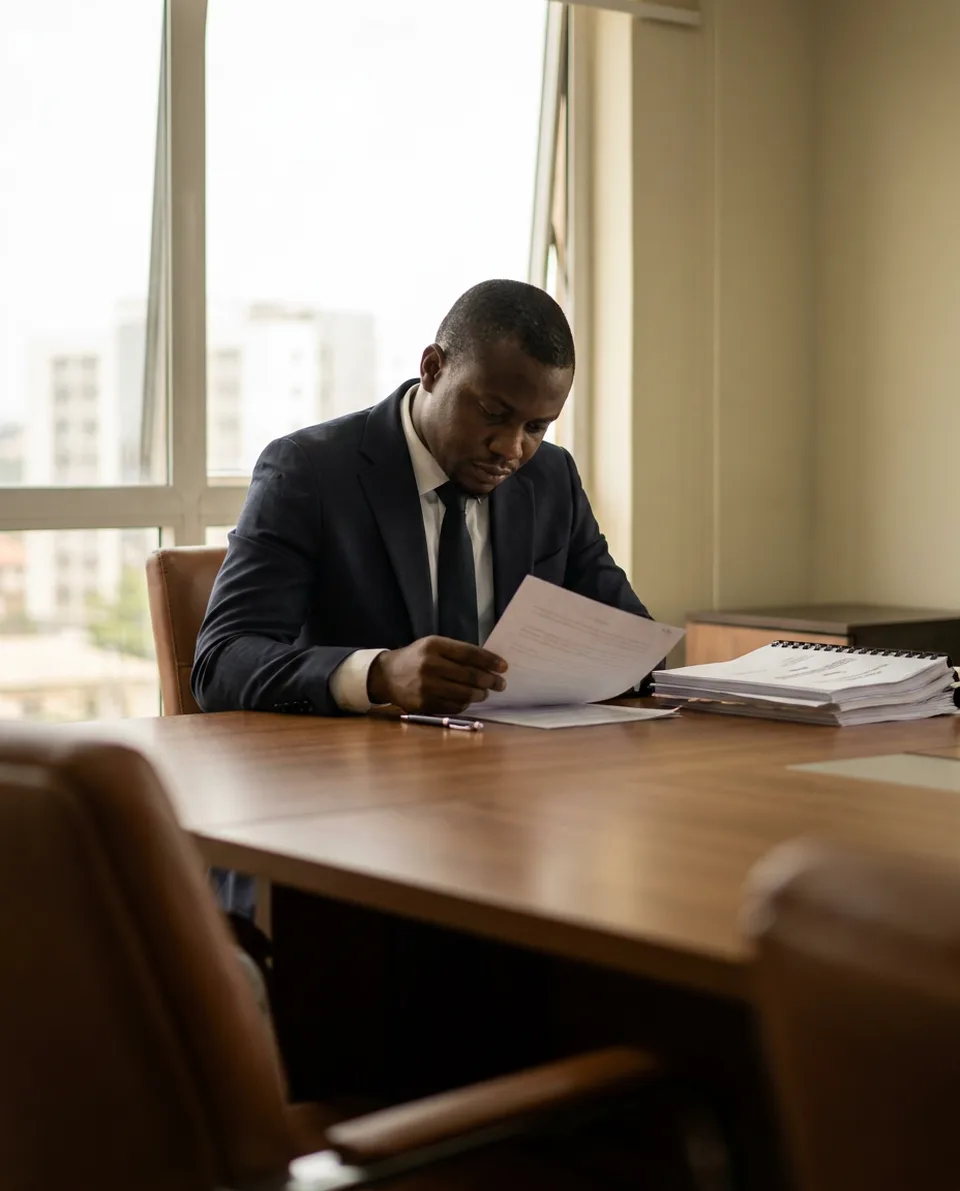 A lawyer reading a signed contract at a desk