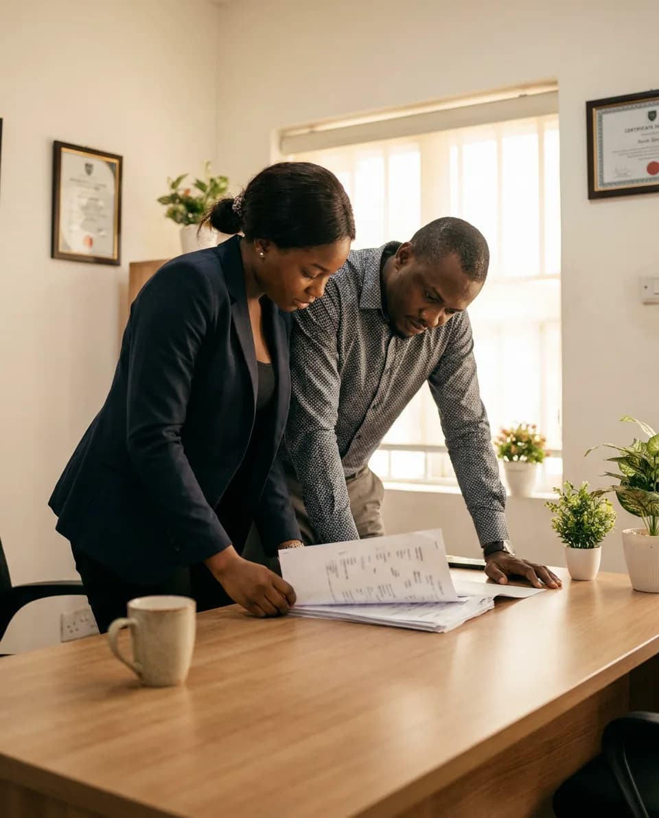 A loan officer going through printed bank statements with a business owner